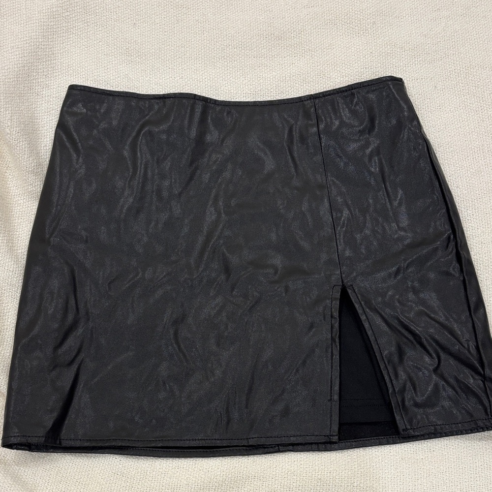 Black Leather Mini Skirt with Side Slit